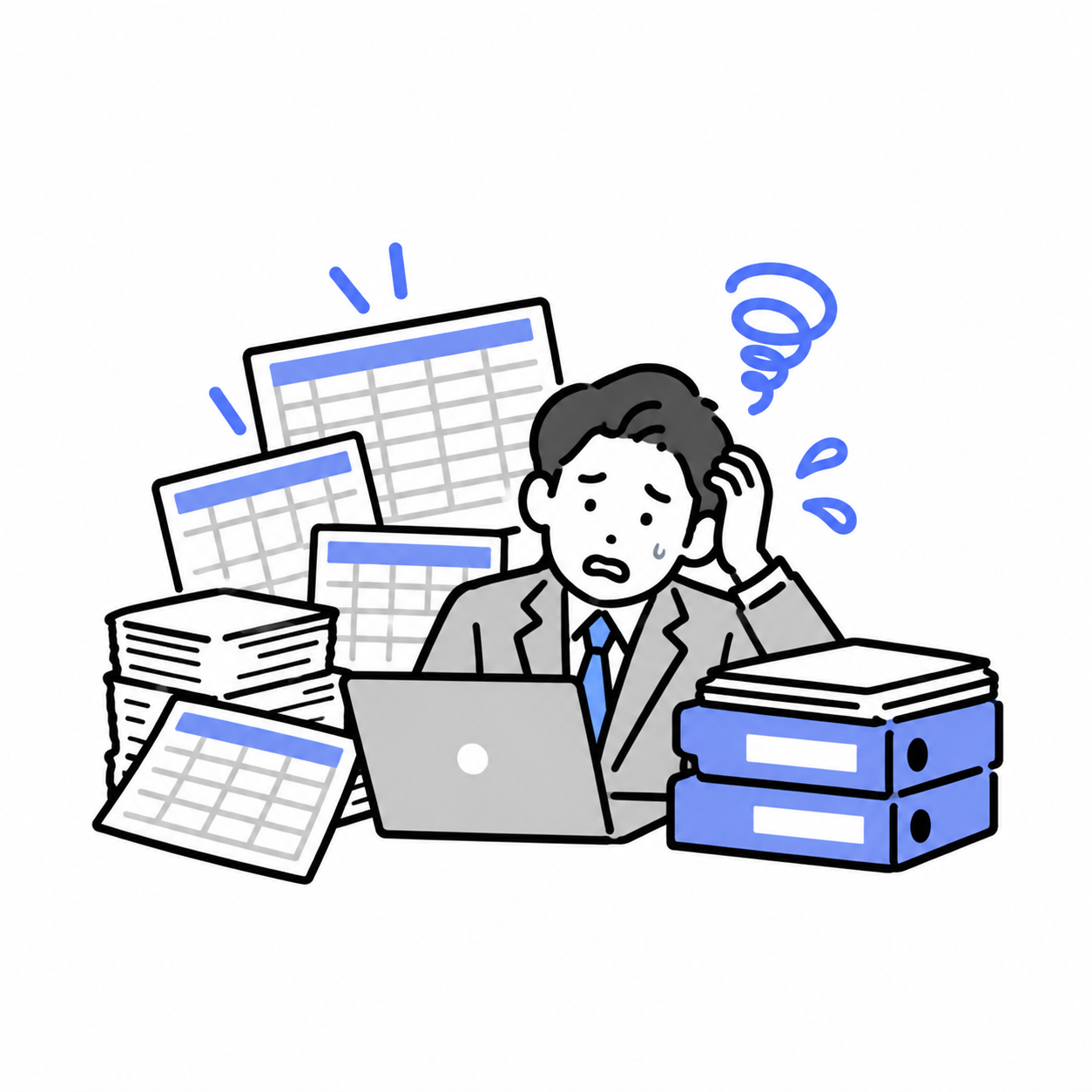 たくさんの表計算シートに囲まれて作業するイラスト